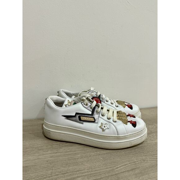 Prada Leather Robot Queen Patchwork Low Top Platform Sneaker White Women's EU 39 - Picture 4 of 7